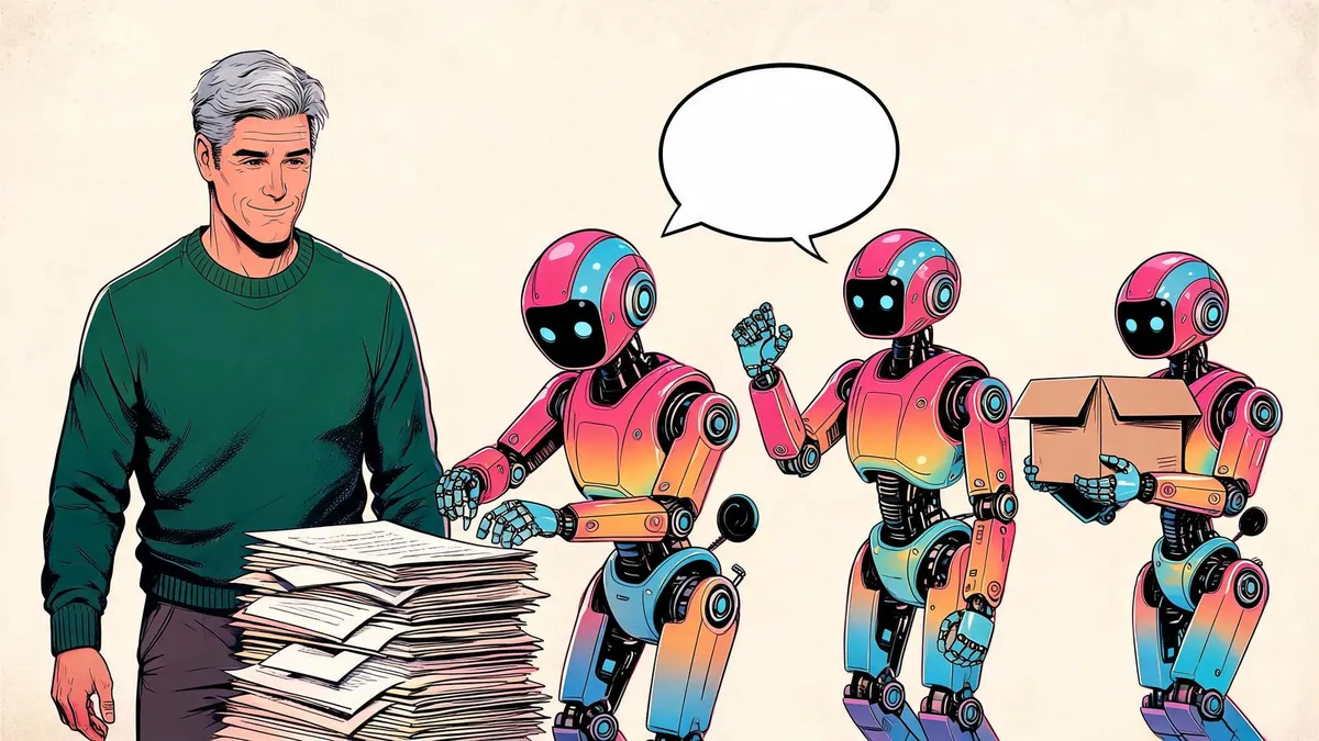 Un imprenditore supervisiona tre piccoli agenti-robot AI che svolgono in autonomia compiti d'ufficio, illustrazione in stile fumetto.
