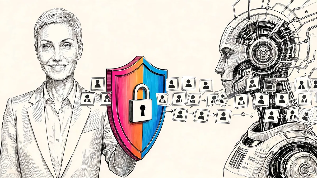 Una consulente protegge con uno scudo e un lucchetto i dati personali che confluiscono in un sistema di intelligenza artificiale, illustrazione in bianco e nero a inchiostro con un accento di colore.