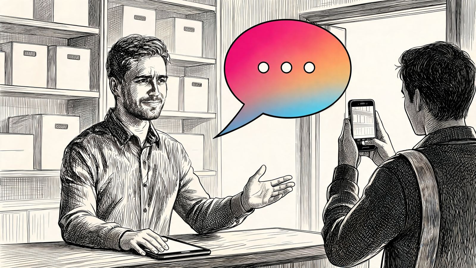 Il titolare di un negozio, con una mano su un tablet e l'altra aperta, accoglie al banco un cliente con lo smartphone mentre tra loro sale una grande bolla di dialogo colorata, illustrazione a penna.