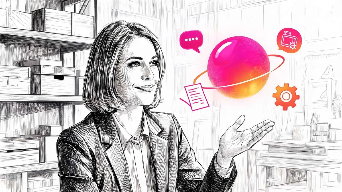 Un'imprenditrice nella sua piccola impresa affida a un assistente di intelligenza artificiale alcuni compiti concreti — rispondere ai clienti, leggere documenti, automatizzare attività — illustrazione in bianco e nero a inchiostro.