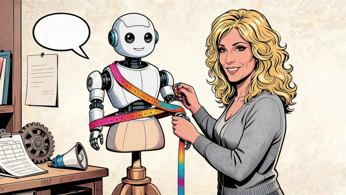 Una consulente, come una sarta, prende le misure con il metro a un robot di intelligenza artificiale: l'AI su misura, illustrazione in stile fumetto.