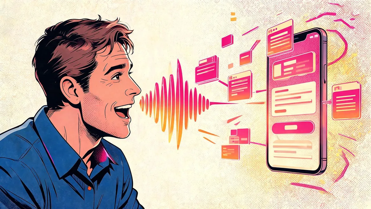 Vibe coding: un imprenditore descrive a voce la propria app e l'intelligenza artificiale la trasforma in codice, illustrazione in stile cartoon.
