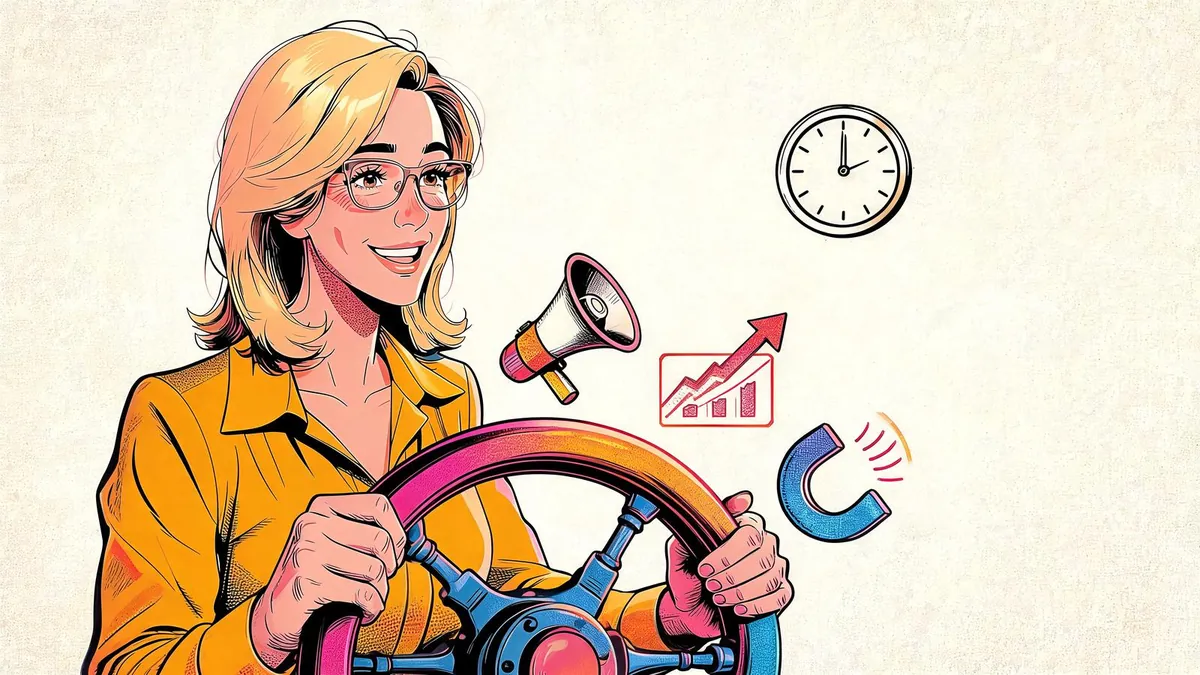 Una direttrice marketing senior guida part-time i canali dell'azienda da un timone, con un orologio che indica l'impegno a tempo, illustrazione in stile fumetto.
