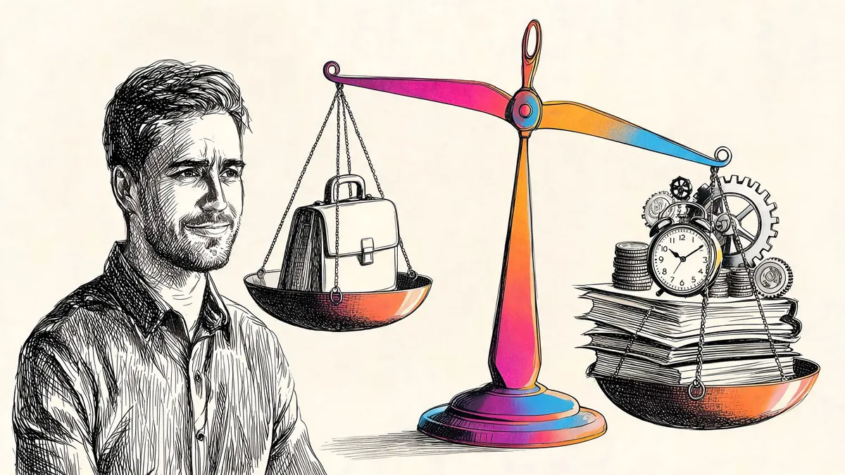 Una bilancia confronta il costo leggero di un temporary manager con quello più pesante di un'assunzione fatto di oneri, TFR e tempi, illustrazione in bianco e nero a inchiostro con un accento di colore.
