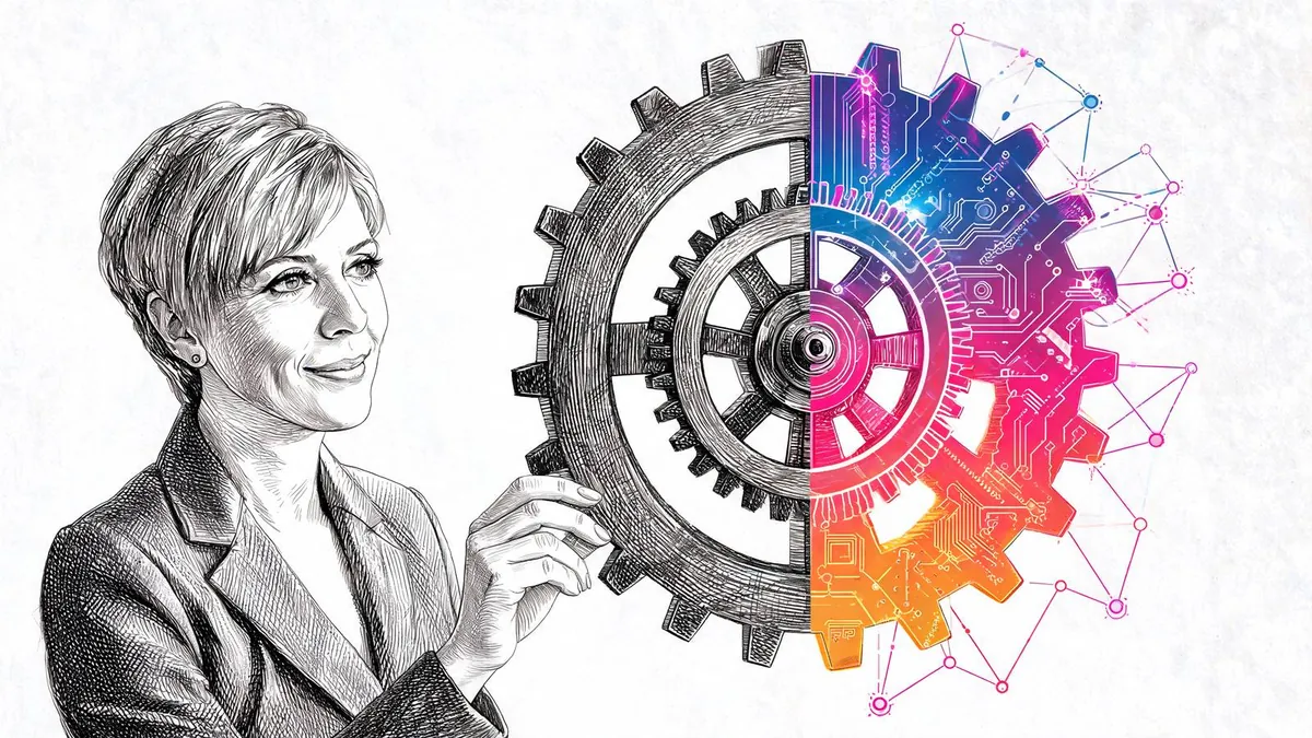 Un temporary innovation manager guida una PMI nell'adozione del digitale e dell'intelligenza artificiale per un periodo definito, illustrazione in stile cartoon.