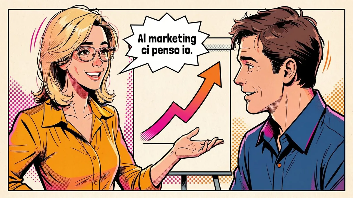 Un temporary marketing manager affianca il team di una PMI e ne guida la strategia di marketing per un periodo definito, illustrazione in stile cartoon.