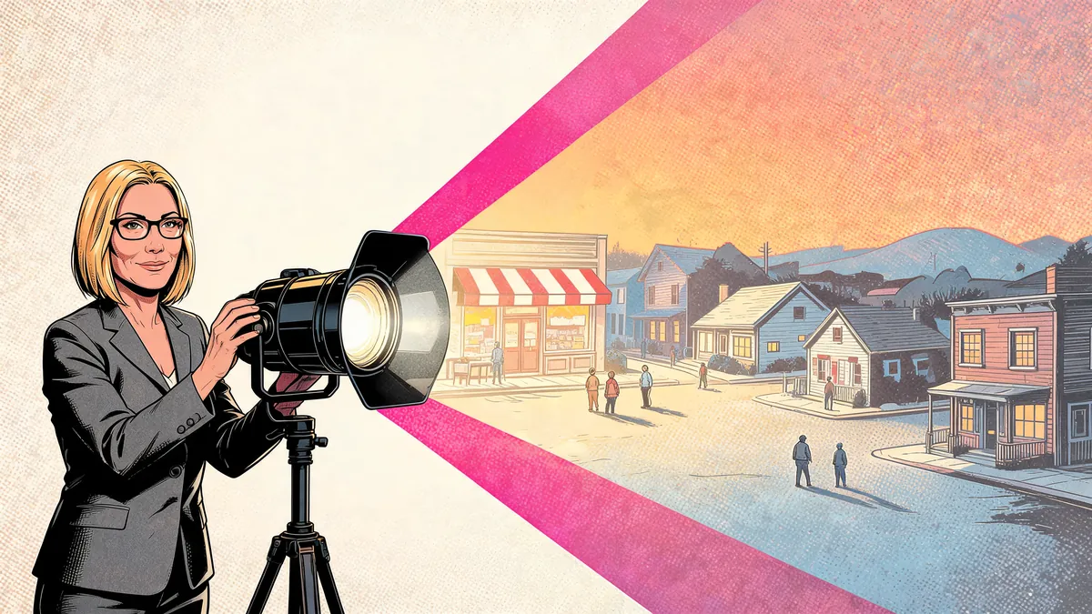 Una titolare di negozio punta un grande riflettore che illumina solo il suo quartiere, dove i clienti camminano verso il negozio, illustrazione in stile fumetto.
