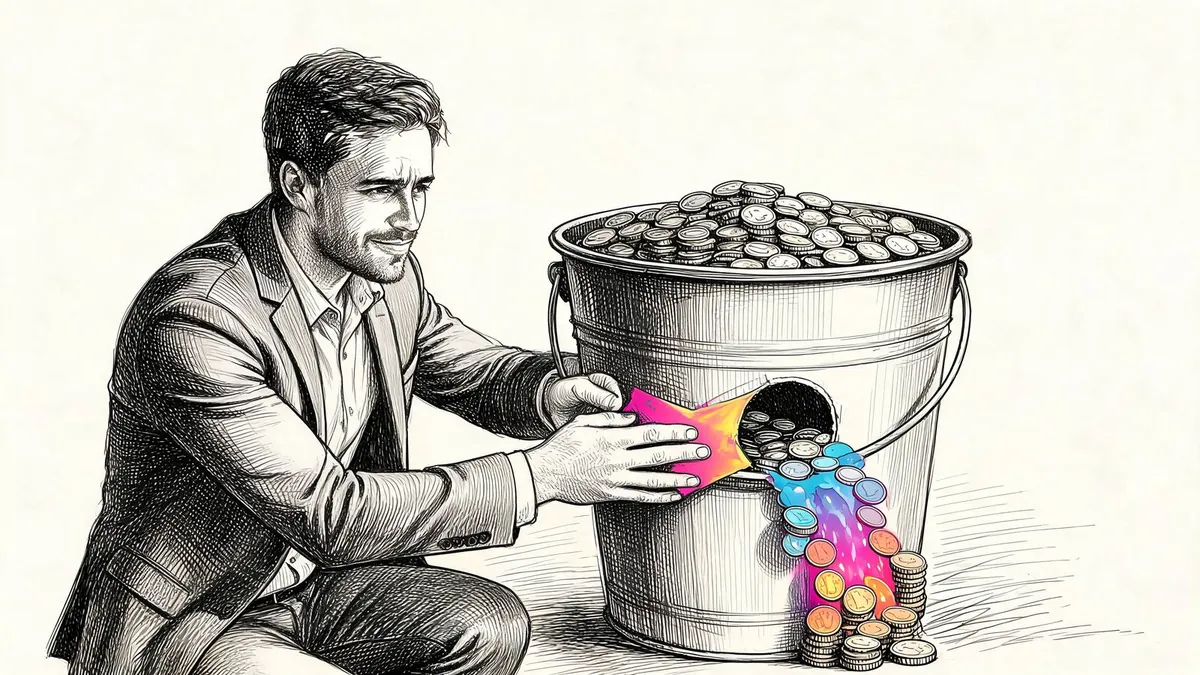 Un consulente Google Ads mette una toppa a un secchio di monete che perde da una falla, fermando lo spreco di budget, illustrazione in bianco e nero a inchiostro con un accento di colore.