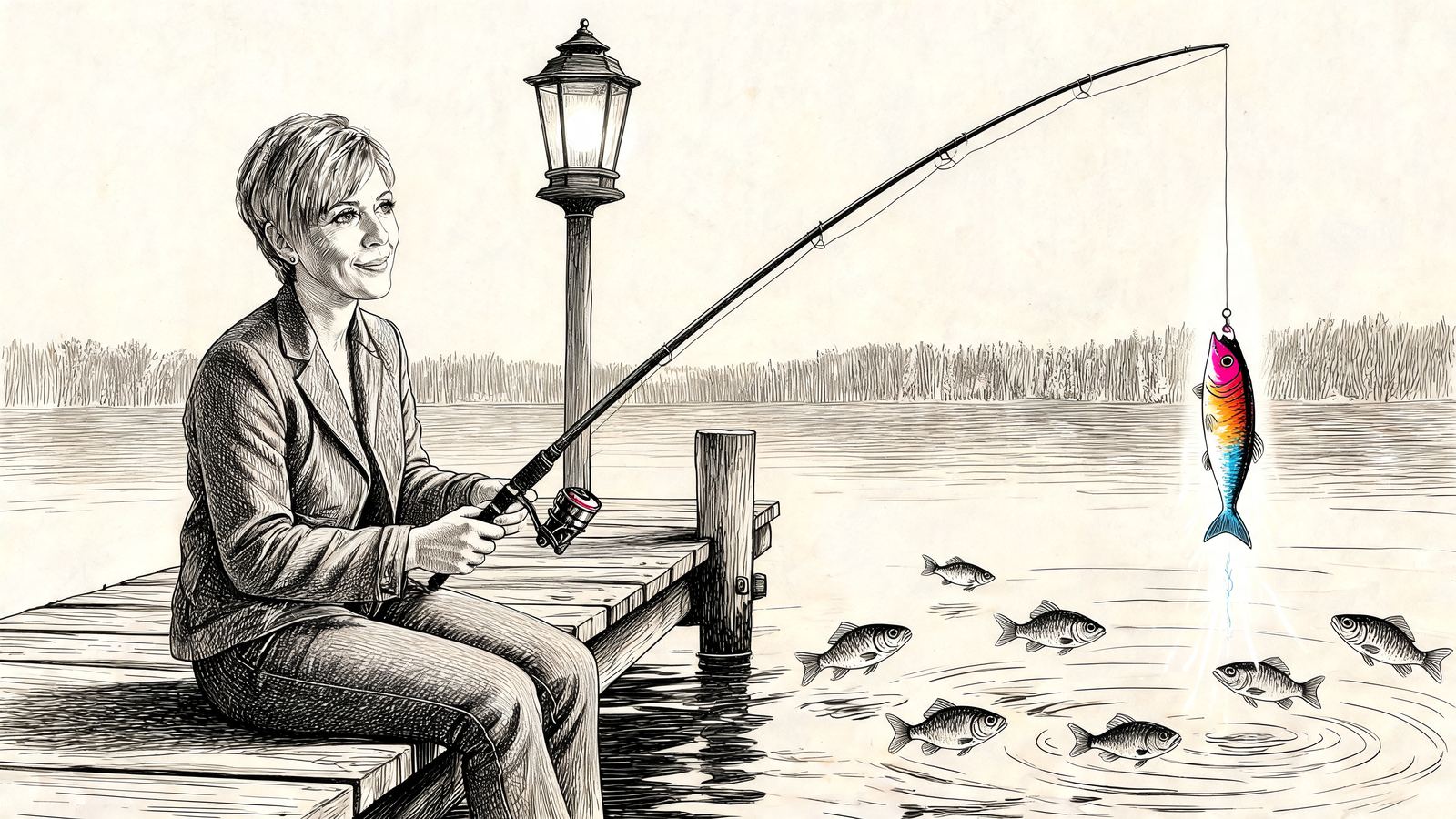 Una donna sorridente pesca da un pontile: l'esca colorata attira i pesci mentre una lanterna illumina l'acqua, illustrazione in bianco e nero a inchiostro con un accento di colore.