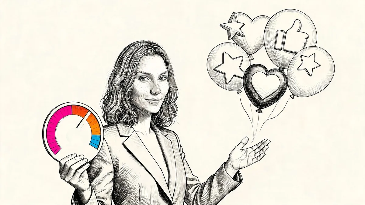 Un analista distingue i pochi KPI di marketing che contano dalle metriche di vanità, scegliendo gli indicatori giusti da misurare, illustrazione in stile editoriale a inchiostro.