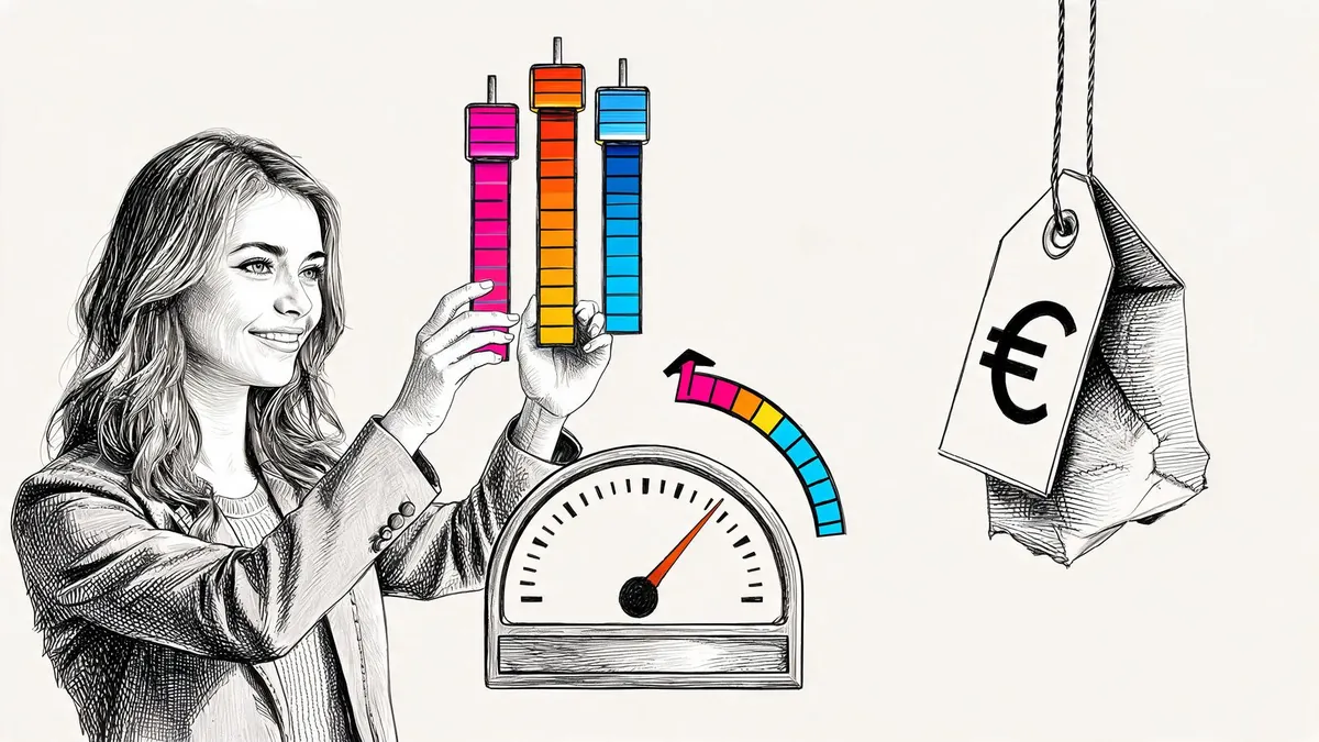 Una giovane specialista Google Ads alza tre cursori che fanno salire un indicatore di qualità, mentre il cartellino del costo per clic si sgonfia, illustrazione in bianco e nero a inchiostro con un accento di colore.