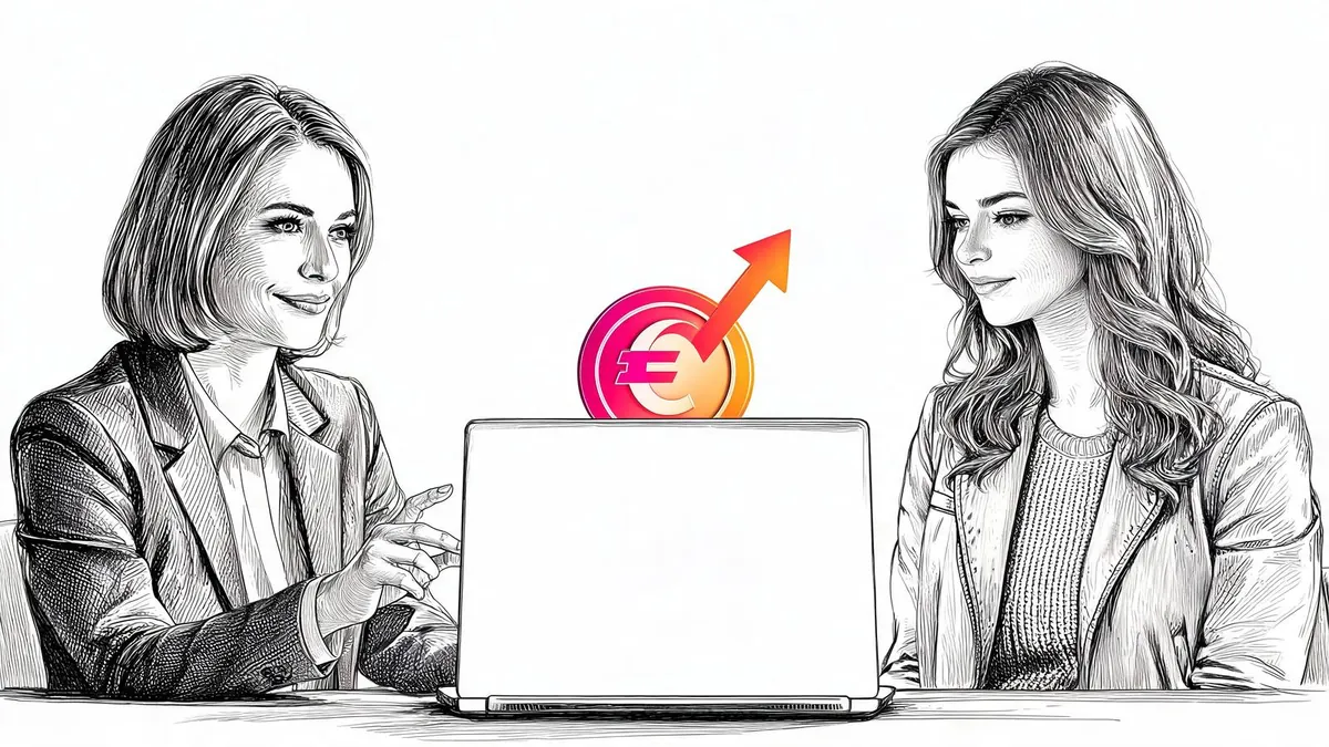 Una consulente marketing e una giovane imprenditrice esaminano insieme il budget di una campagna Google Ads su un laptop, illustrazione in bianco e nero a inchiostro.