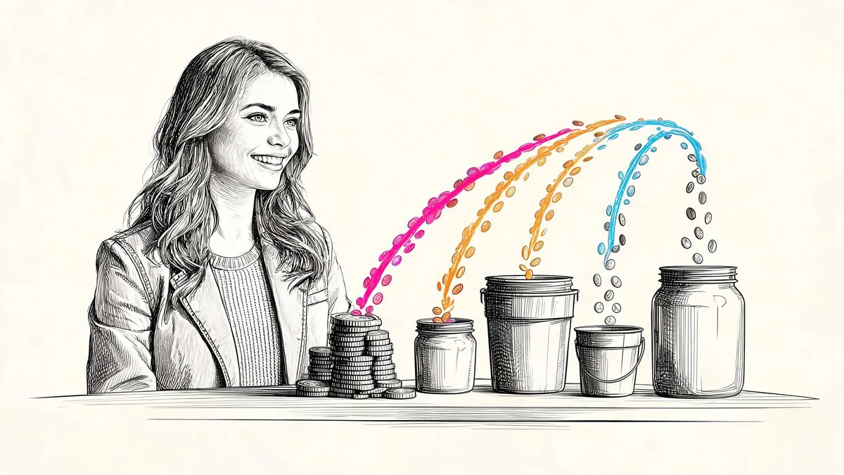 Una giovane imprenditrice ripartisce una pila di monete in più contenitori-canale, illustrazione in bianco e nero a inchiostro con un accento di colore.