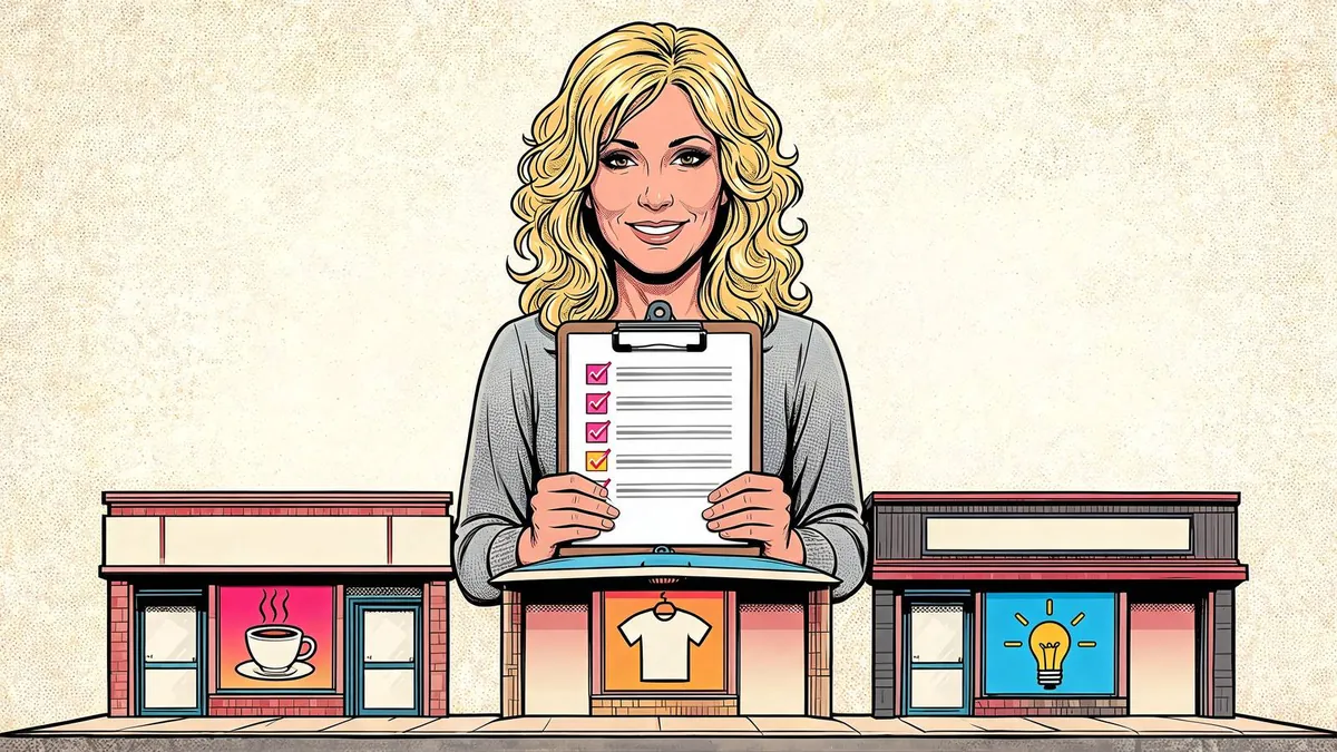 Un'imprenditrice mostra una checklist di domande davanti a tre vetrine di agenzie, scegliendo quella giusta, illustrazione in stile fumetto.
