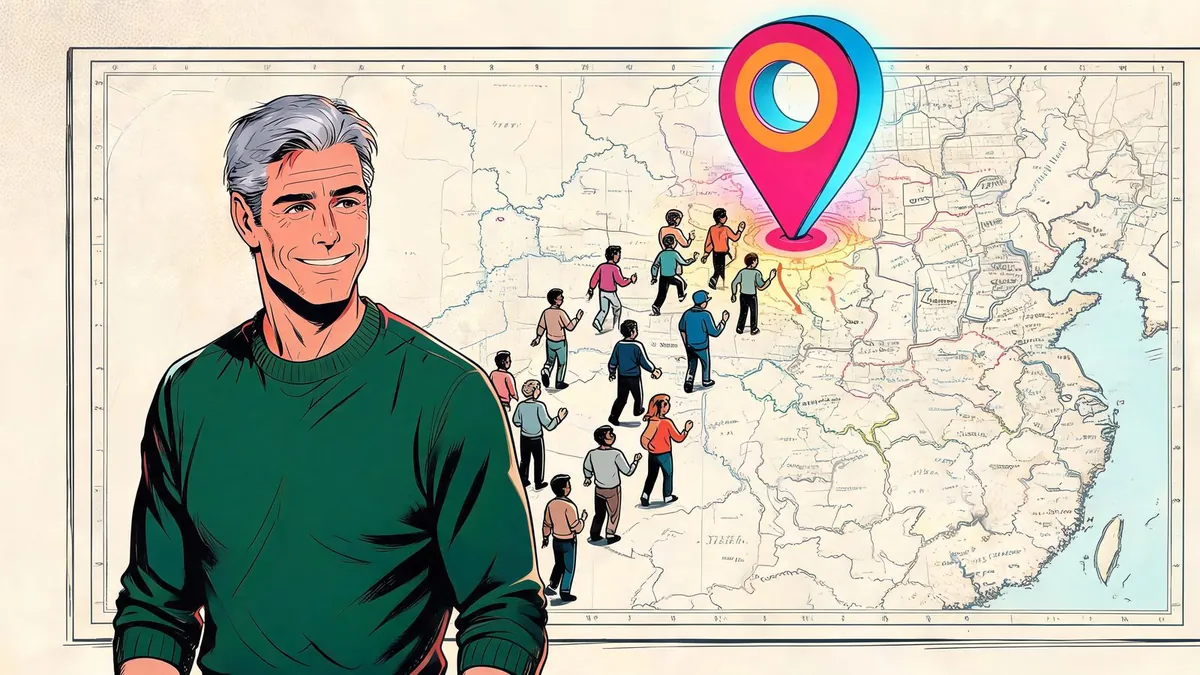Un titolare davanti alla mappa della sua provincia con il segnaposto della propria attività che attira i clienti vicini, illustrazione in stile fumetto.