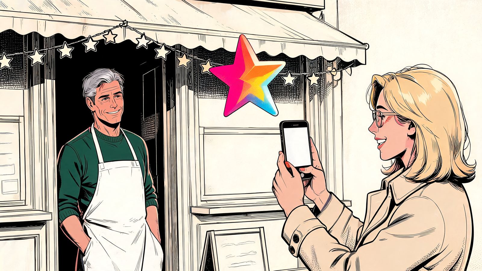 Il titolare di una trattoria sorride sulla porta mentre una cliente con lo smartphone fa partire una grande stella colorata verso la ghirlanda di stelle sopra l'ingresso, illustrazione a fumetti.