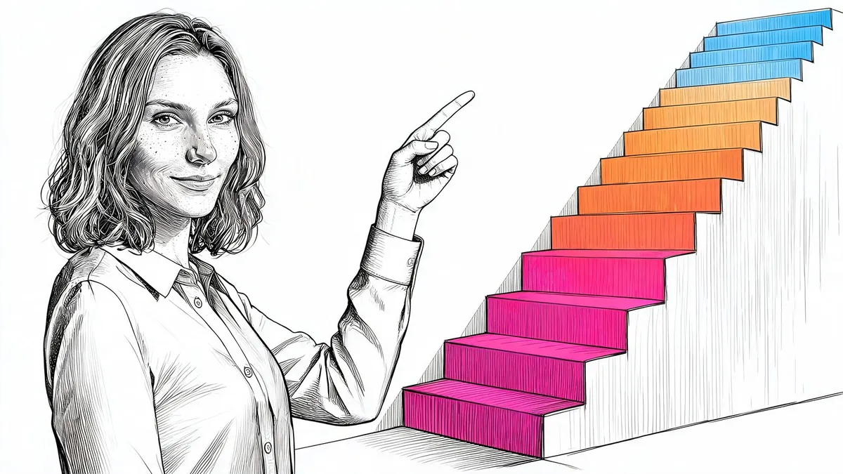 Una consulente di marketing indica una roadmap a gradini che sale: da dove partire con la strategia di web marketing, illustrazione in bianco e nero a inchiostro con un accento di colore.