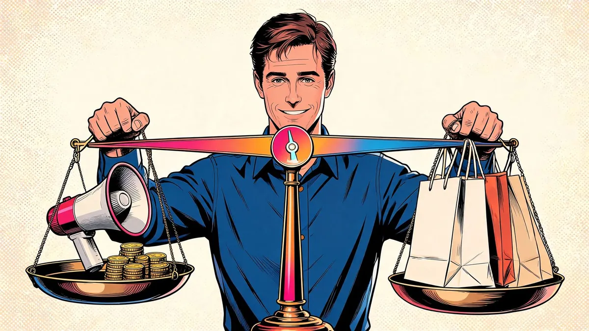 Il break-even ROAS è il punto di pareggio di una campagna: sotto quel ritorno la pubblicità perde soldi, illustrazione in stile fumetto.