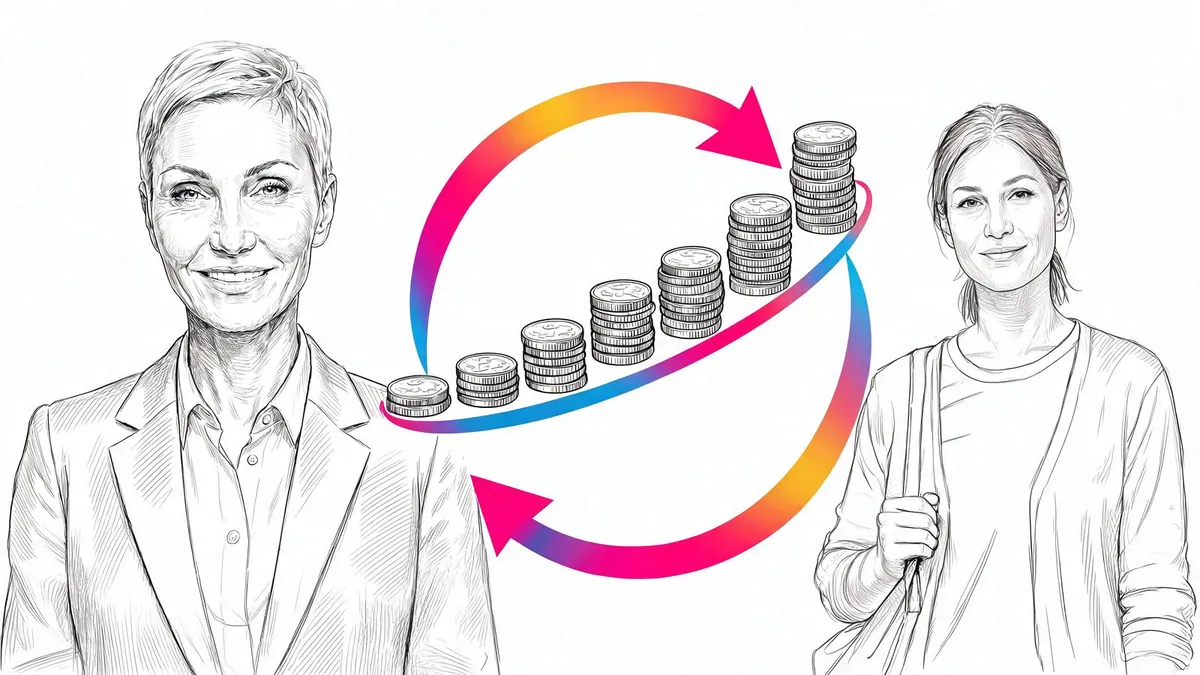 Il customer lifetime value misura quanto vale un cliente lungo l'intera relazione, non solo al primo acquisto, illustrazione in bianco e nero a inchiostro con un accento di colore.