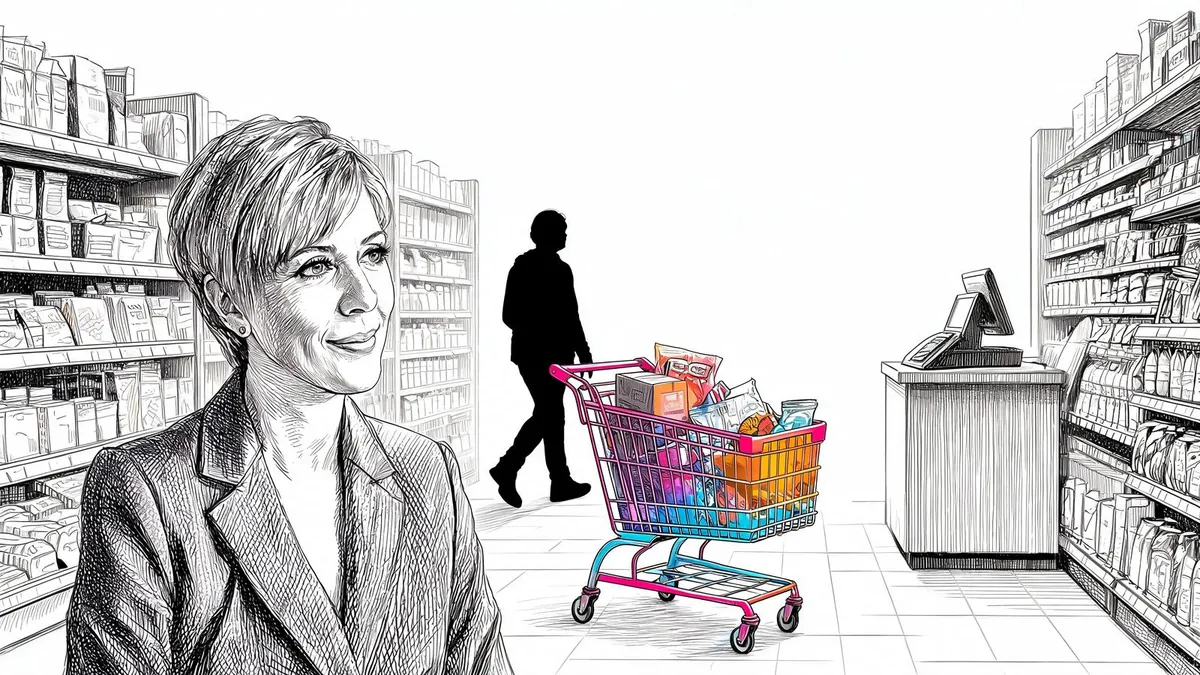 Le cause per cui un e-commerce non vende, dal traffico sbagliato al carrello abbandonato al checkout, illustrazione in bianco e nero a inchiostro con un accento di colore.