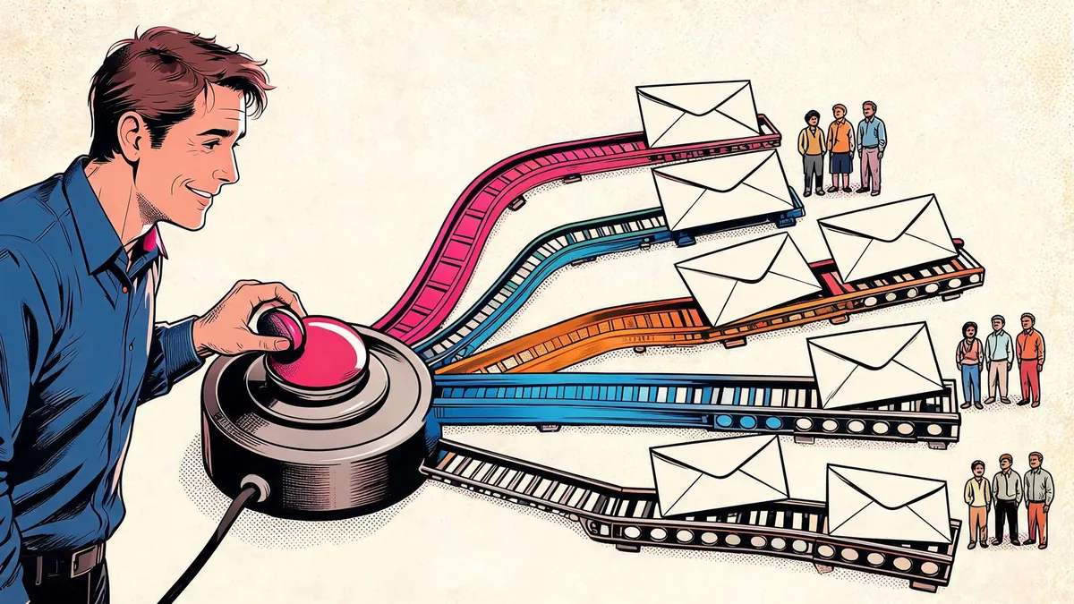 La marketing automation gestisce in automatico i flussi di email e messaggi verso i contatti di una PMI lungo il percorso d'acquisto, illustrazione in stile fumetto.