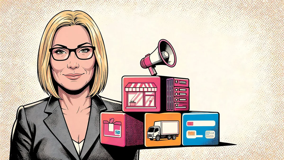 Le voci di spesa reali di un e-commerce, dalla piattaforma al marketing alla logistica, illustrazione in stile fumetto.