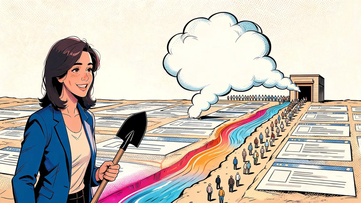 Una consulente devia con un canale il flusso di visitatori che una grande nuvola AI trattiene sopra la pagina dei risultati, illustrazione in stile fumetto.
