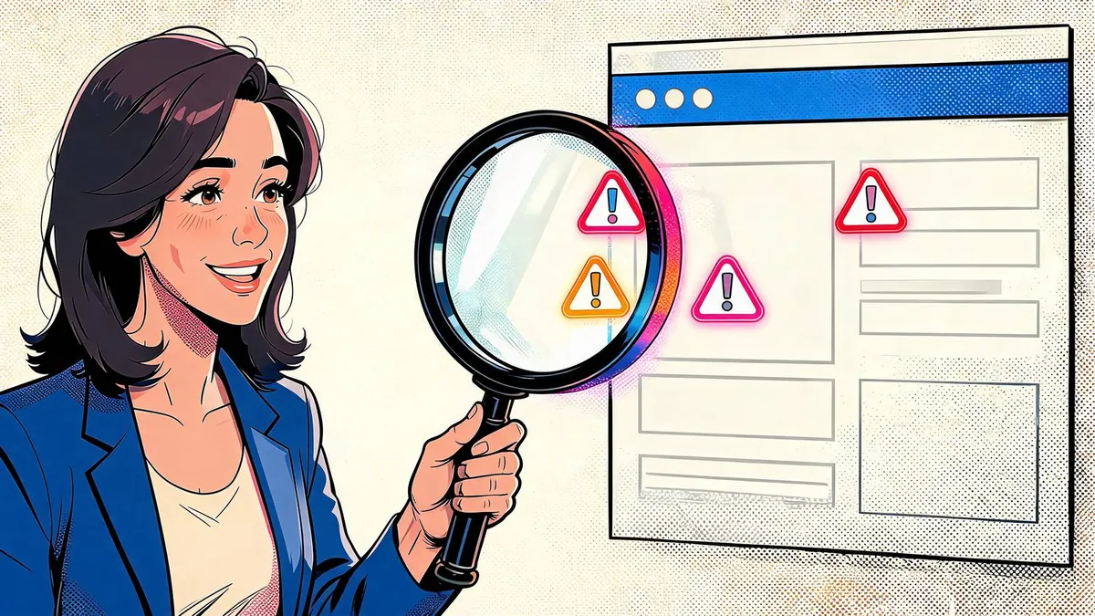 Una consulente SEO esamina con una lente d'ingrandimento un sito web e ne fa emergere i problemi nascosti, illustrazione in stile fumetto.