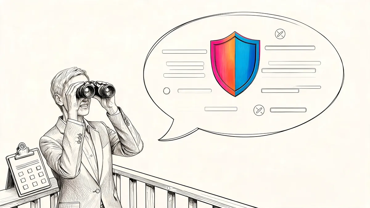 Un'analista con il binocolo osserva una grande nuvoletta di chat AI dove spunta il marchio di un'azienda, illustrazione in bianco e nero a inchiostro con un accento di colore.