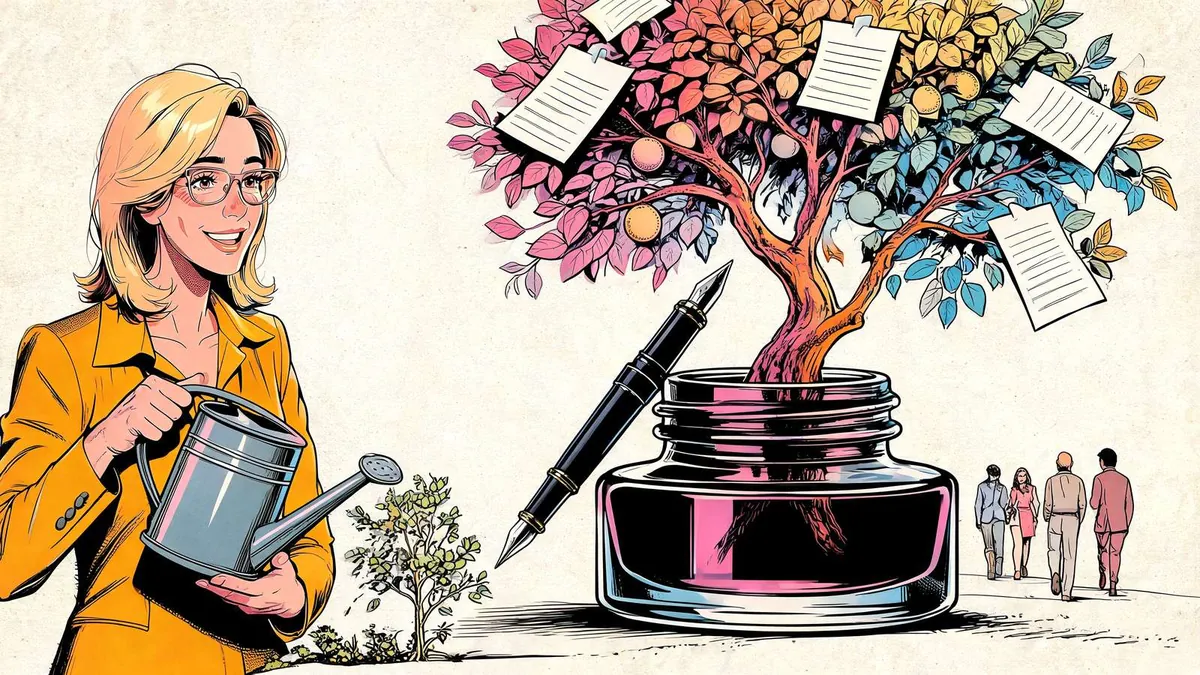 Un blog aziendale ben fatto trasforma gli articoli in pagine che intercettano le ricerche e portano clienti nel tempo, illustrazione in stile fumetto.