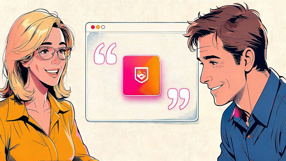 Un'imprenditrice e un consulente SEO osservano una risposta di un'intelligenza artificiale che cita il brand, illustrazione in stile fumetto.