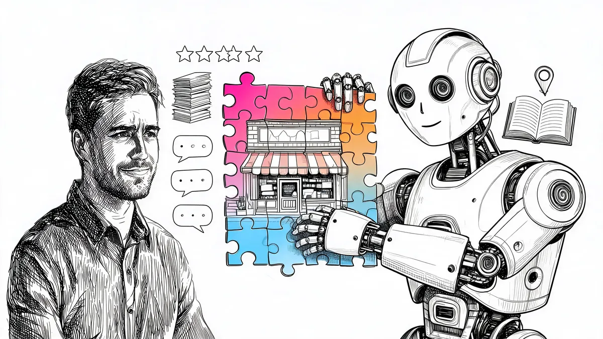 Un imprenditore osserva una testa robot AI che compone il ritratto del suo negozio con tessere di puzzle prese da recensioni, directory, forum ed enciclopedia, illustrazione in bianco e nero a inchiostro con un accento di colore.