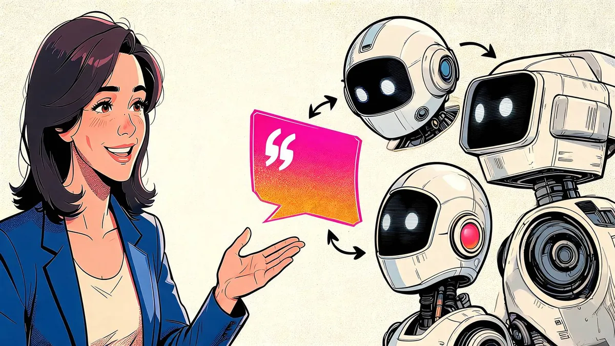 Una stratega digitale presenta i contenuti di un'azienda e i motori AI la scelgono come fonte da citare, illustrazione in stile fumetto.