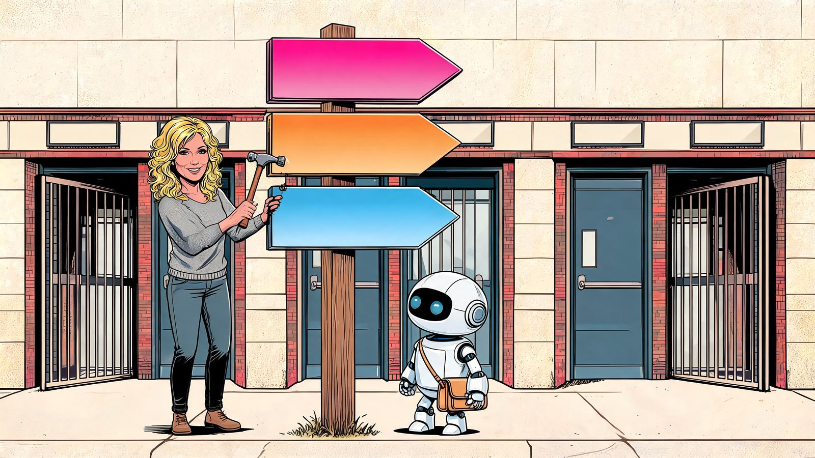 Una titolare pianta un cartello con tre frecce colorate davanti all'ingresso della sua azienda mentre un piccolo robot lo osserva, illustrazione in stile fumetto.
