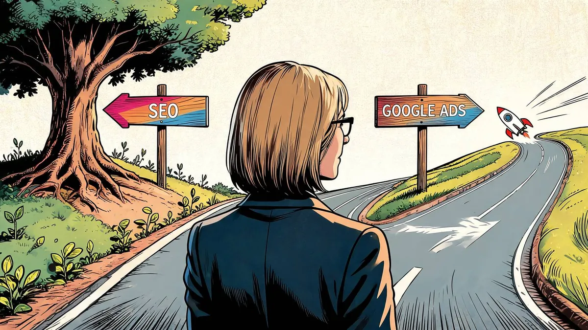 Un'imprenditrice davanti a un bivio con due cartelli, SEO e Google Ads, sceglie la strada giusta per la sua azienda, illustrazione in stile fumetto.