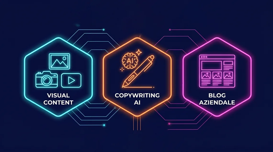Infografica del servizio Content Marketing e AI Content Webiness: copywriting, visual content e blog aziendale potenziati dall'intelligenza artificiale