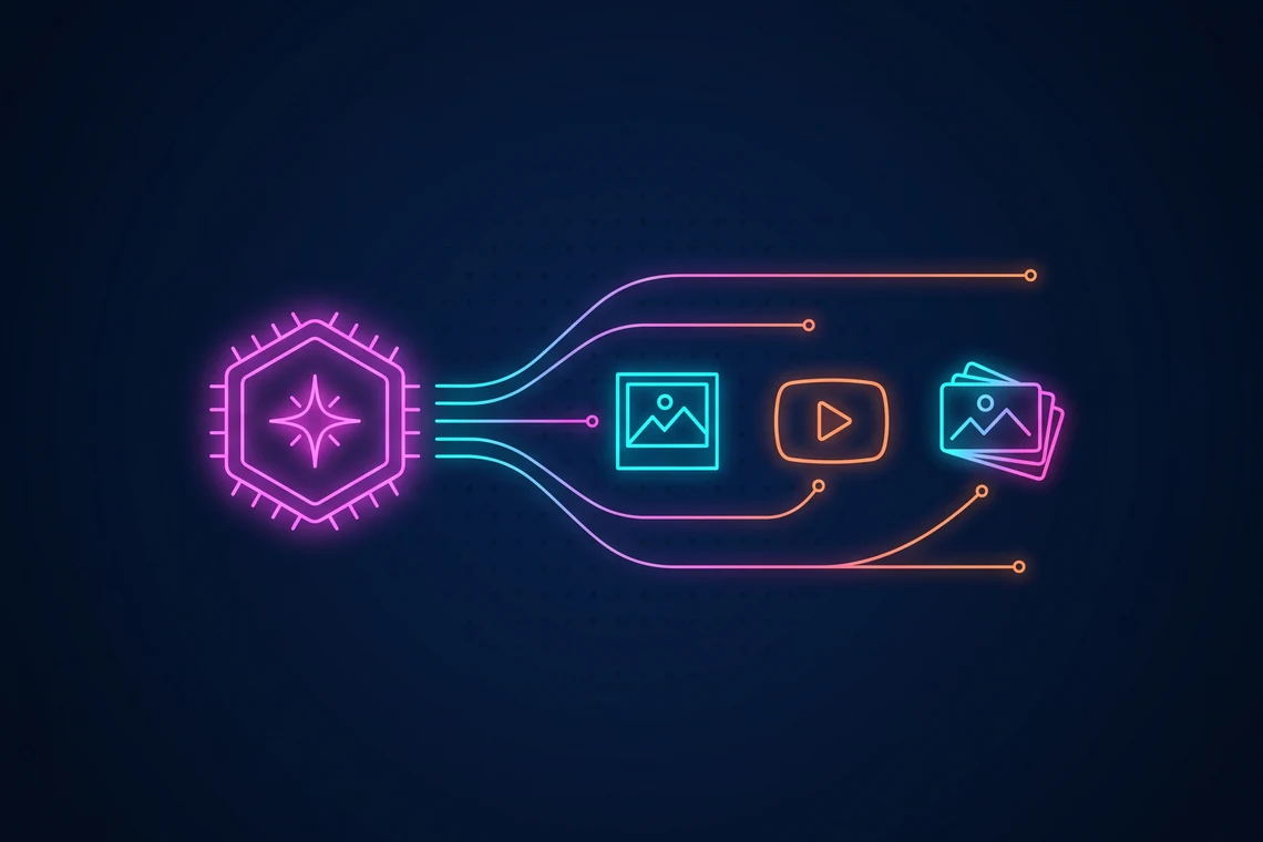 Illustrazione del visual content generato con l'AI da Webiness: un core di intelligenza artificiale generativa crea immagini, illustrazioni e video coordinati con la brand identity