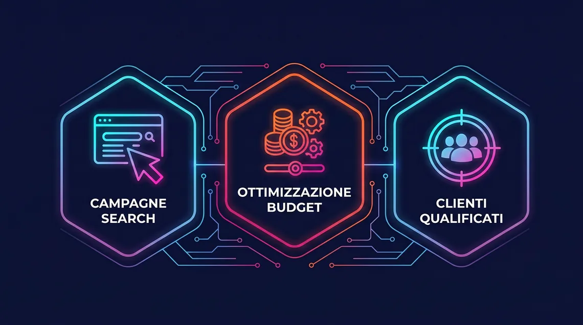Infografica del servizio Paid Search Webiness: gestione e ottimizzazione delle campagne Google Ads per clienti qualificati