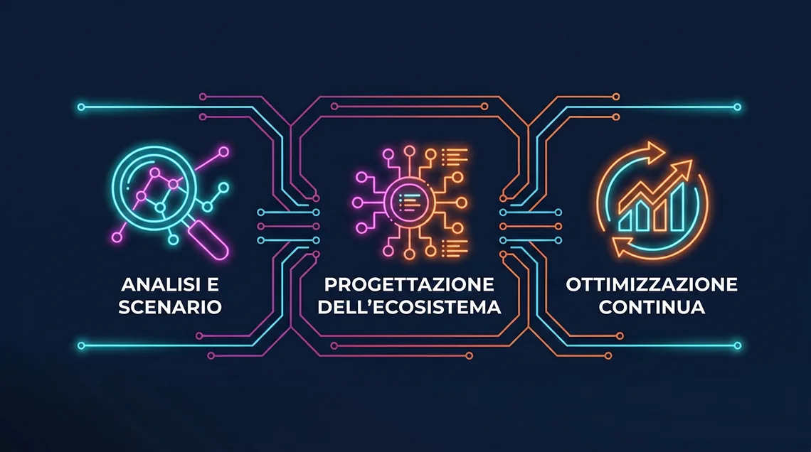 Infografica del servizio Automation Marketing Webiness: tracciamento dei comportamenti dei clienti e messaggi automatici al momento giusto