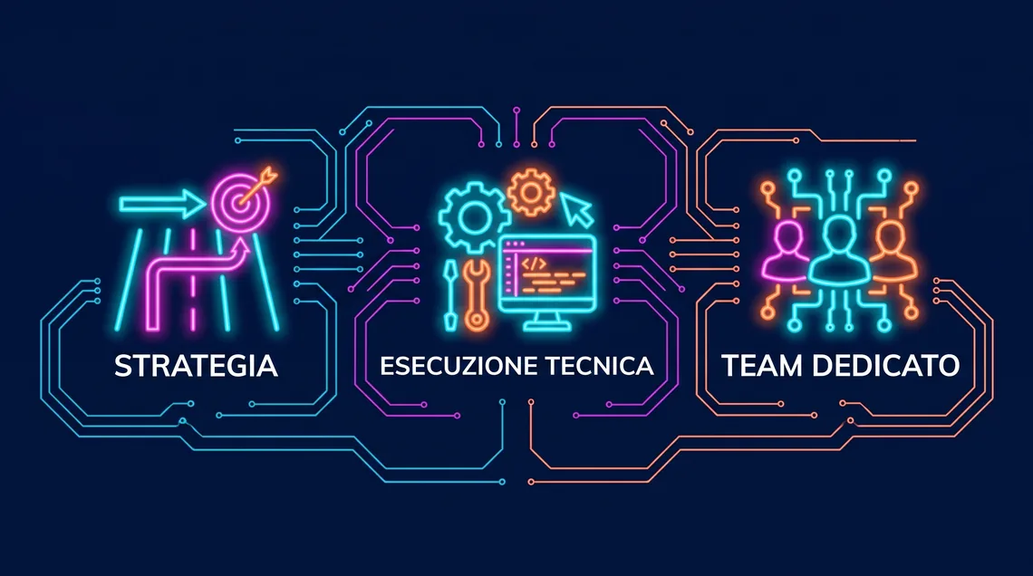 Infografica Marketing in Outsourcing Webiness: strategia, esecuzione tecnica e team dedicato dell'ufficio marketing esternalizzato per le PMI