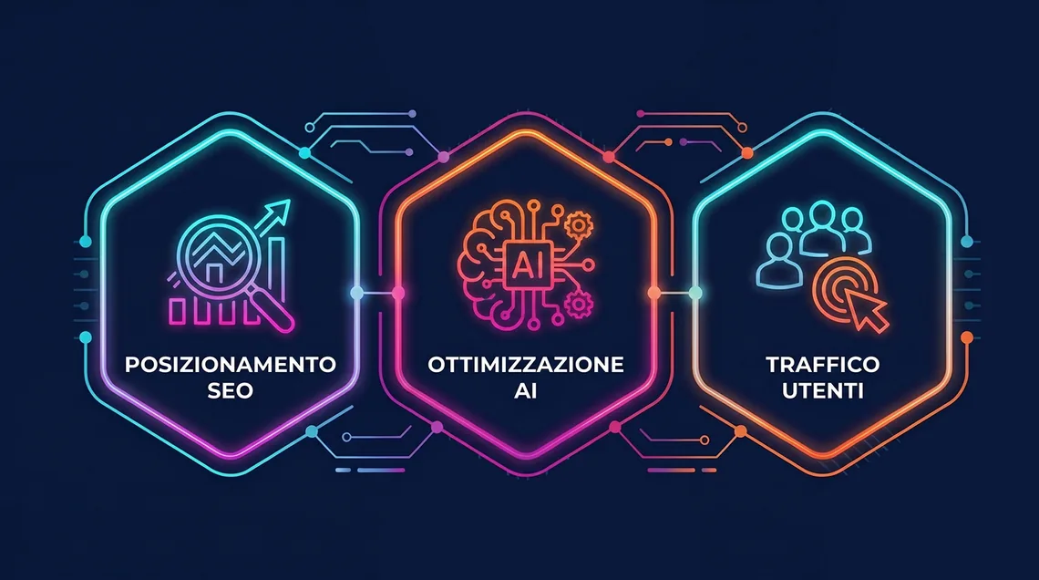 Infografica del servizio Posizionamento SEO e AI Optimization Webiness: farsi scegliere da Google, dagli utenti e dai motori di ricerca AI
