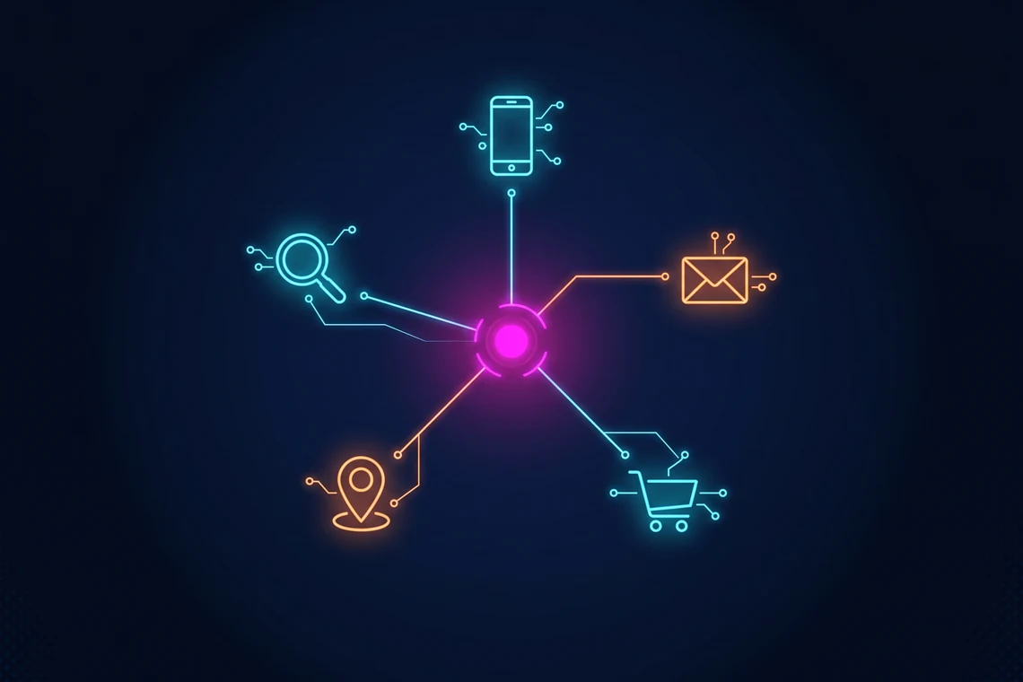 Illustrazione del marketing mix multicanale di Webiness: un hub centrale collega i diversi canali di web marketing — ricerca, mobile, email, local ed e-commerce