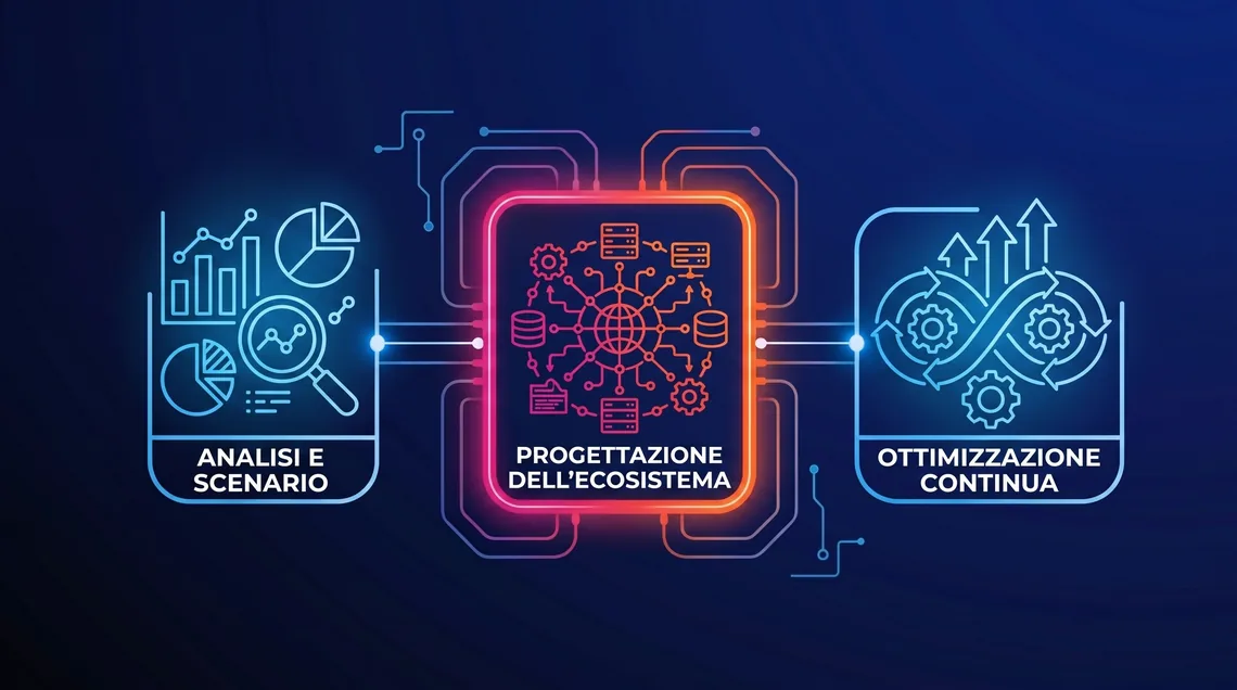 Infografica del processo di web marketing Webiness: dall'analisi del target alla strategia multicanale